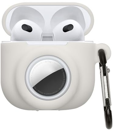 kwmobile fodral kompatibelt med Apple Airpods 4 – silikonskydd kompatibelt med AirTag – förvaring med karbinhake – vit