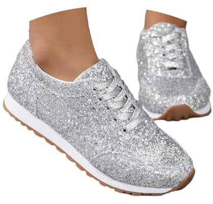 Bastwahl Turnschuhe Für Damen Weiß Mit Glitzer - Sneaker Atmungsaktiv Glitzer Turnschuhe Sneakers Pailletten Flache Low Schuhe Schnürsenkel Walkingschuhe Outdoor Sportschuhe Laufschuhe