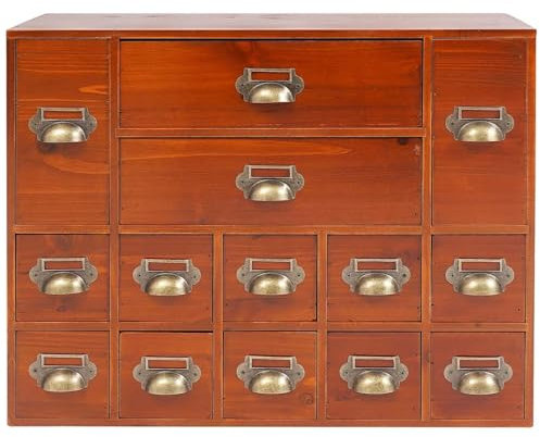 Gvqng 14 Drawers Apothecary Cabinet, Wooden Desk Drawer Organizer with 14 Drawers, Tabletop Apothecary Chests and Cabinets, Library Card Catalog Cabinet Herb Storage Box,Brown