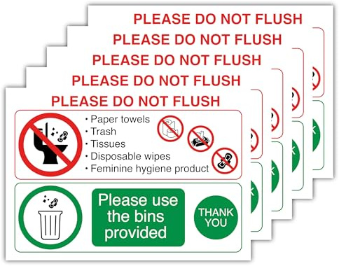 Pack of 5: Please Do Not Flush Toilet Signs – Self-Adhesive Polypropylene Glossy-Laminated Stickers (148mm x 210mm)