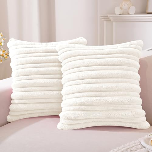 YSTELLAA Housse De Coussin Douce, Lot De 2, 45 x 45 cm, Blanc | Carrée En Fausse Fourrure À Rayures, Cushion Covers Décoration Intérieure Pour Maison, Salon Et Chambre