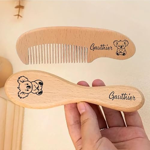 Obiboo Peigne et Brosse à Cheveux pour Bébé, Brosse en Laine et Peigne en Bois Personnalisé, Accessoires de Soin pour Nouveau-né