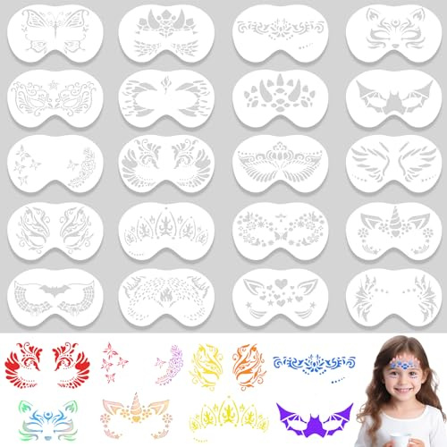 Toivize 20 Pièces Pochoir Maquillage Enfant 20x12cm, Pochoirs de Peinture Faciale Réutilisables pour Visage et Corps, Idéal pour Anniversaire, Halloween, Carnaval, Fête et Cosplay