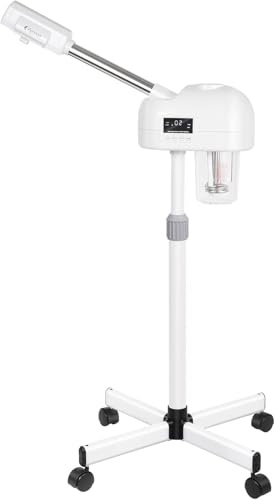 Vaporizador facial profesional con pantalla LCD, soporte de altura ajustable con ruedas, cabezal giratorio de 360°, hidratante de piel compatible con uso en salón y spa (blanco)