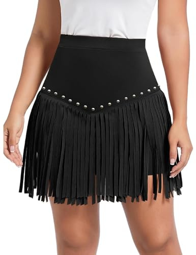 Lshyuehao Women Fringe Mini Skirt High Waist Western Cowgirl Skirts Country Concert Outfit Rave Party Faux Suede Mini Skirts (A-Black, L)