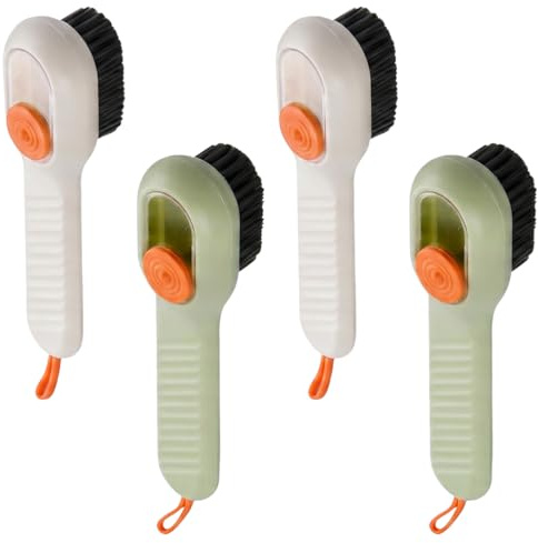 4 Piezas Cepillo Zapatos con Dispensador De Jabón, Limpiador Zapatillas De Cerdas Suaves, Cepillo Limpieza Hogar para Ropa, Baño, Cocina, Diseño Colgante, Verde Y Blanco