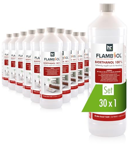 Höfer Chemie FLAMBIOL® Bioéthanol 30 x 1 L Ultra Pur 100% - Combustible Écologique pour Cheminées de Table et Poêles en Acier Inoxydable, Combustion Propre et Inodore
