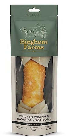 Bingham Farms Chicken Wrapped Rawhide Knot Bone Dog Treat - Dental Chew, Nutritious, Natural Flavour, High Protein – Large - 1 pk - 150 g