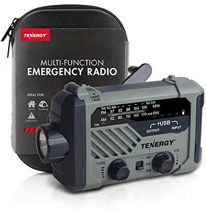 Tenergy Radio météo multifonction à manivelle avec lampe de poche LED, alarme SOS, chargeur de téléphone portable, fréquences radio AM/FM/NOAA, idéal pour les urgences