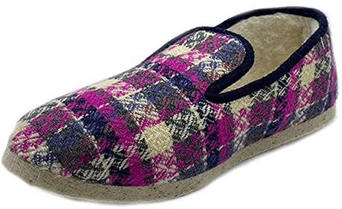 Charentaises rose pour femmes - taille 36-42 - Interieur en polaire laine naturelle de mouton - Made in France - motif en carreaux rose - Confortable et chaude - Semelles en feutre de laine.