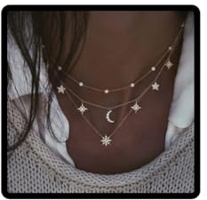 Wedity Layered Stars and Moon Choker Necklaces Gold Fashion Crescent Crystal Pendant Necklace Chain Adjustable Jewelry for Women and Girls