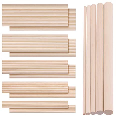 Swpeet Lot de 160 tiges de cheville en bois dur de 0,6 cm, 0,6 cm, 1,4 cm, 5/16, 3/8 de 150 mm de long