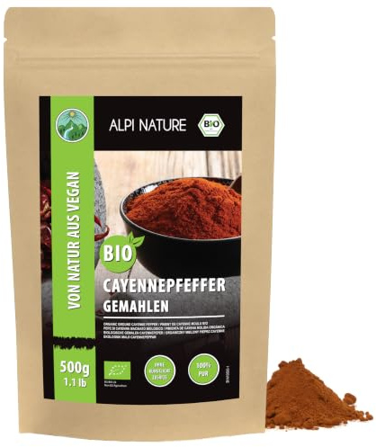 Alpi Nature Cayennepepparpulver BIO 500g, Ekologisk Malen Cayennepeppar, Stark Chilipulver