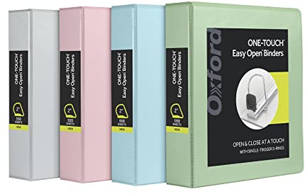 Oxford 3 Ring Binders, 2 inch ONE-Touch Easy Open D Rings, 3-Sided View Binder Covers, Binders for School, Xtralife Hinge, Non-Stick, PVC-Free, Natural Pastel, 530-Sheet Capacity, 4 Pack (79923)