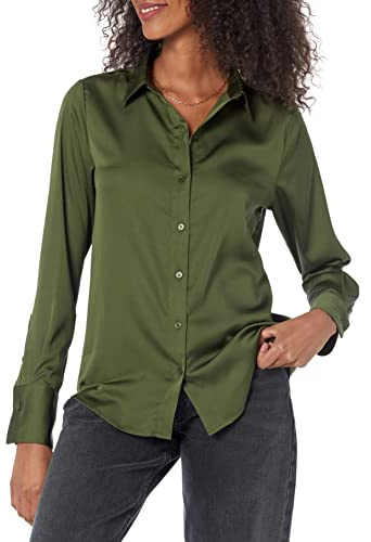 Amazon Essentials Women's Classic-Fit Satin Button Down Blouse (Available in Plus Size), Dark Olive, Large