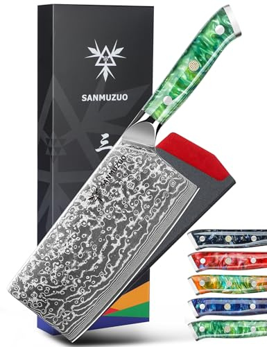 SANMUZUO Cuchillos para Verduras Chinas Damasco Cuchillo de Cocinero 18CM - serie Xuan - Cuchillo de Cocina de Acero de Damasco con Mango de Resina(Verde Vibrante)