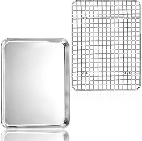 Herogo Bakplåt med kylgaller, stor ugnsplåt i rostfritt stål med kylgaller-set (31,4 x 24,6 cm rektangulär kakplåt, bakform med kakgaller för bakning, matlagning, hållbar och diskmaskinsäker