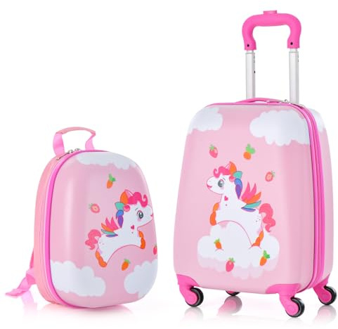 BABY JOY 2 Pcs Kids Luggage Set, 16 Toddlers Carry-on Suitcase & 12 Backpack Set, Children Travelling Case w/ 4 Casters, Retractable Handle, Lightweight Trolley Case for Girls Boys (Cloud Pony)