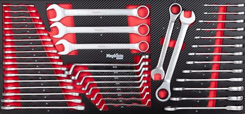 Mephisto Werkzeugeinlage Werkzeug Set Pro Line Werkstattwageneinlage inklusive Chrom-Vanadium Werkzeug Maul-, Ring-, Ratschenschlüssel- Set in Soft Inlay in Carbonoptik