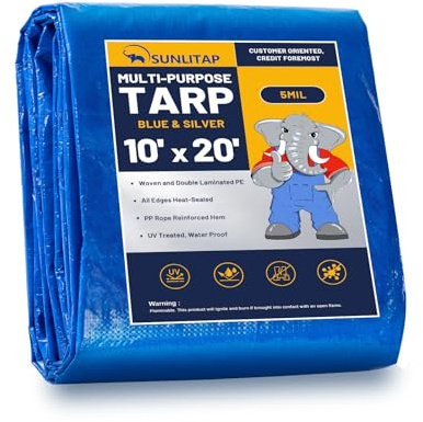 SUNLITAP 10x20Ft Tarp Cover 5 MIL Waterproof Poly Tarps, Light Duty Tarpaulin with Grommets, Reinforced Edges, Rip & Tear Proof, Multipurpose Finished Size Tarp for Cars, Boat, Roof, Camping - Blue