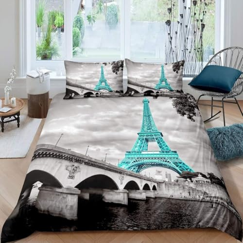 Homemissing Eiffel Tower Duvet Cover King Girls Chic Teal Paris Theme Bedding Set for Kids Teens Women Decor Paris Cityscape Comforter Cover Microfiber Modern French Style Bedspread Cover