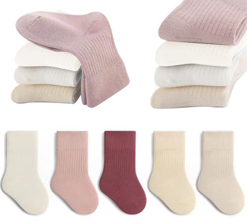QIYIENDIAN 5 Paare Kleinkind Crew Socken weiche Baumwolle Socken elastische Baby solide Farben für Kinder Jungen Mädchen（Pink,6-12M