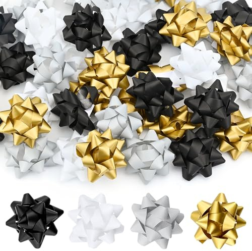 Satiskid 48 lazos de regalo, lazos autoadhesivos para regalos de Navidad, bodas y cumpleaños, 4 colores para envolver regalos, mini lazos de 5 cm para envolver regalos