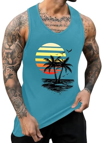 IWOLLENCE Mens Vest Tops Cotton Summer Hawaiian Printed Round Neck Beach Mens Holiday Vests Casual Sleeveless Tshirt Men (Blue Sunset 2 Palms, L)