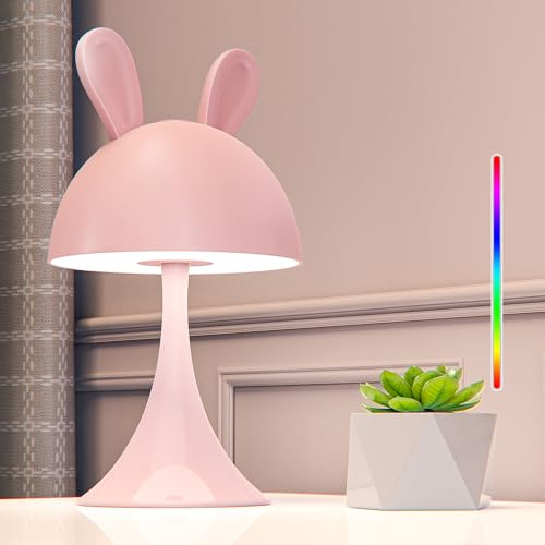 FemKey Lámpara de Mesita de Noche LED, Lampara de Noche Táctil RGB Cambio de Color, Luz Nocturna para Niños Adultos Recargable Type-C con 7 Modos y Brillo Ajustable,Rosa Conejito