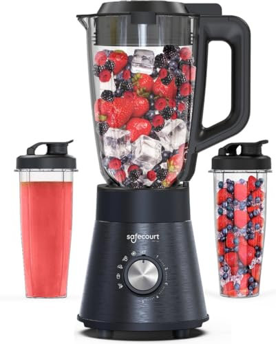 Safecourt standmixer – Kraftvoller Smoothie Maker, Blender & Mixer [1300W & 1,5L Glasbehälter] – für Smoothies, Shakes, Suppen, Dips und mehr [inkl. 2x 600ML Sportbecher To-Go]