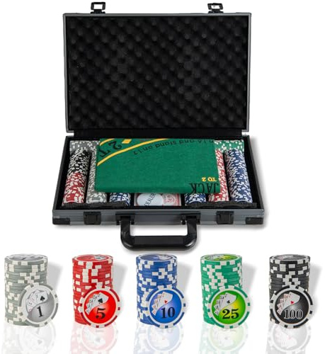 DREAMADE Jeu de Poker, Jetons Casino avec 2 Jeux de Cartes, Jeton de Croupier, Tapis de Table Feutré, Etui en Aluminium et 2 Clés, pour Le Jeu de Blackjack, Texas Hold’em (400 Jetons)