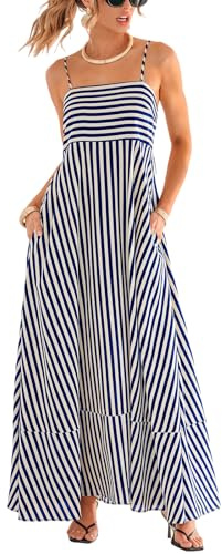CUPSHE Women's Maxi Dress Sleeveless Spaghetti Strap Flowy Summer Casual Striped Dress with Pockets Blue Striped M