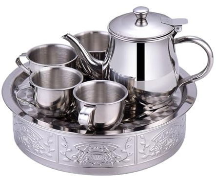 Small Stainless Steel Tea Set | Children's Tea Set with Cups and Tray | Children's Tea Set Includes 330ml Long Spout Teapot with Filter Screen, 4Pcs 70ml Cups and Tray Portable for Children Gift