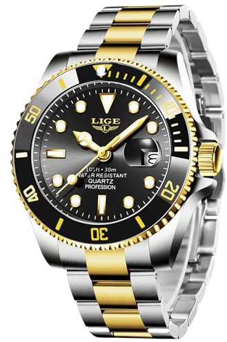 LIGE Reloj Hombre, Cronógrafo Relojes Hombre, Correa de Acero, Función de Calendario, Manecillas Luminosas, Resistente al Agua 3ATM, Estilo Casual de Lujo para Negocios, Negro y Oro