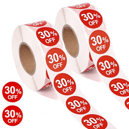 2000st 30% Rabatt Klistermärken, 2,5cm Runda 30 Procents Rabatt Kampanjetiketter Självhäftande Prisskyltar Reaprisetiketter för Butiker Stormarknader Affärer Garage (Röd)