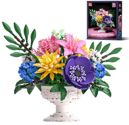 Ensemble de construction de botanical bouquets de fleurs avec vase, jolie décoration pour la maison et la table, cadeaux d'anniversaire pour femmes, adultes et filles à partir de 14 ans (1081 pièces)