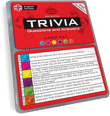 Trivia Quiz Cards Set (English Edition) | 648 Unique Question Cards from 6 Categories in a Travel Box | Pub Games for Adults, & Fun Party Game for Friends & Families (Red Edition)