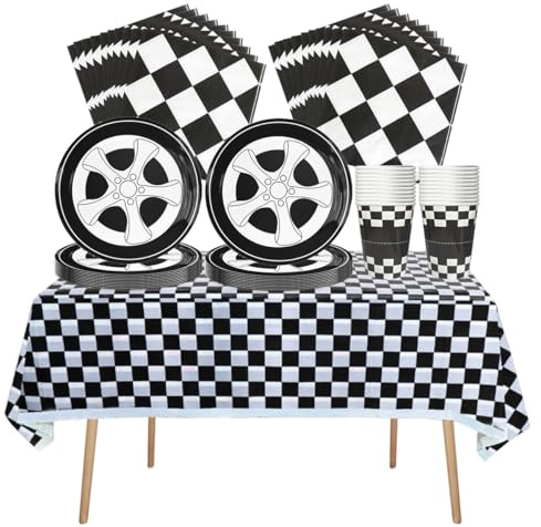 Fuwraixis Auto da corsa Stoviglie per feste, 61 pezzi Tyre Stoviglie per compleanni per bambini, Tema delle corse Set di piatti di carta per feste, Compresi bicchieri, tovaglioli e tovaglie