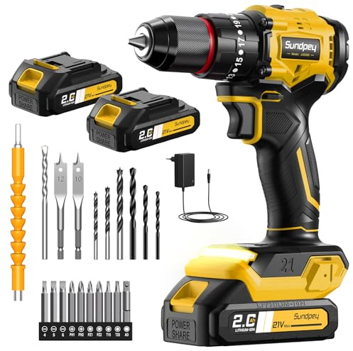 Sundpey Taladro Percutor a Bateria 70Nm - 21V Sin Escobillas Taladro Atornillador con 2 Baterías 2.0Ah, 23+3 Ajustes, 2 Velocidad, Luz LED, Destornillador Eléctrico Inalámbrico para Hogar Bricolaje