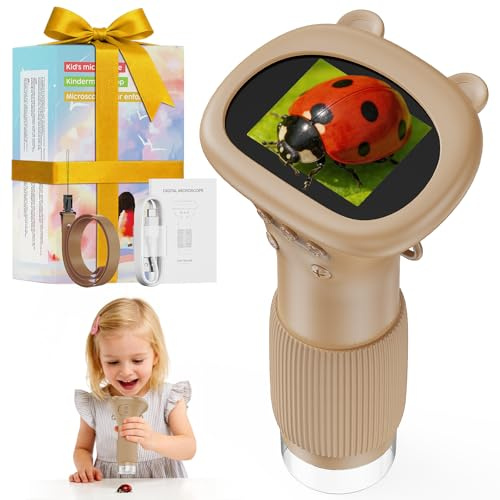 ASPOVEN Microscopio Digital Portatile Niños Zoom 1000X con Pantalla(Marrón)