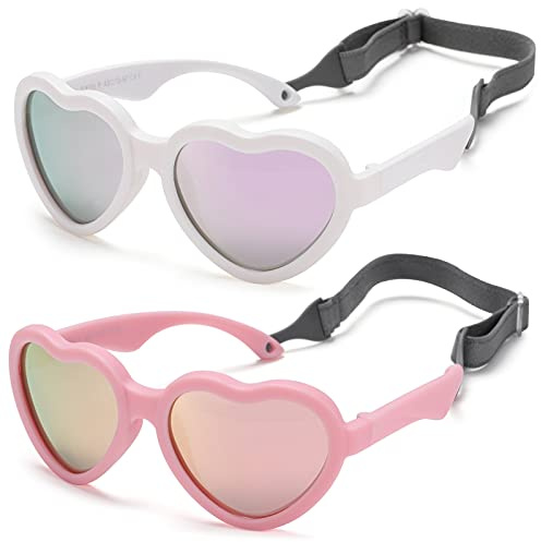 Flexible Heart Shaped Baby Polarized Sunglasses with Strap Adjustable Toddler & Infant Age 0-24 Months (White/Purple Mirrored + Pink/Pink Mirrored) - 2 Pack