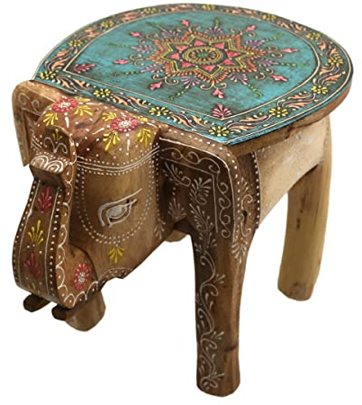 Gall&Zick Elefanten Hocker Beistelltisch Blumenbank Dekotisch Pflanzenständer Mangoholz Handbemalt Orientalisch Indisch Handarbeit Mandala (Teal)