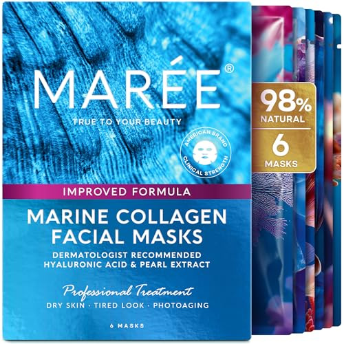 MAREE Collagen Facial Mask with Hyaluronic Acid — Sheet Face Mask Skincare — Centella Asiatica, Green & Red Algae Extract — Hydrating Facemask For Women Skin Care — Mascarillas Para La Cara — 6 Count