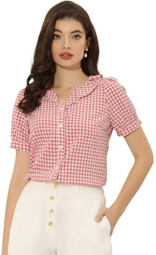 Allegra K Gingham Plaid Shirts, Plaid Top for Women, Ruffle Collar Blouse, Short Sleeve Checked Shirt Tops Pink S