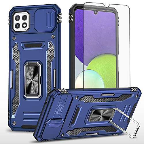Asuwish Phone Case for Samsung Galaxy A22 5G/Boost Mobile Celero 5G with Tempered Glass Screen Protector and Slide Camera Cover Magnetic Ring Holder Stand Celero5G A 22 22A A22s G5 Women Men Navy Blue