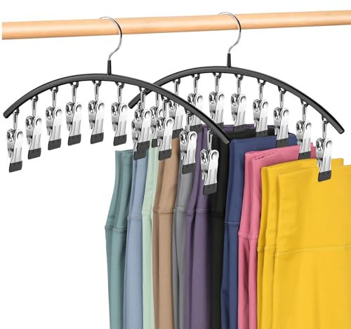 QIUKUN Legging Organizer for Closet Metal Yoga Pants Hangers 2 Pack /10 Clips Holds 20 Leggings, Hangers Space Saving Hanging Closet Organizer w/Rubber Coated Closet Organizers (Black)