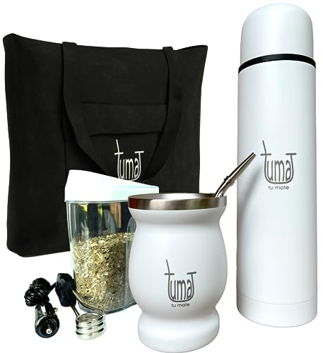 Kit completo de Yerba Mate – Incluye taza mate, pajita (foco), termo de 750 ml, bolsa y dos regalos (contenedor Yerbero y calentador de inmersión de coche) – Juego de yerba mate de acero inoxidable