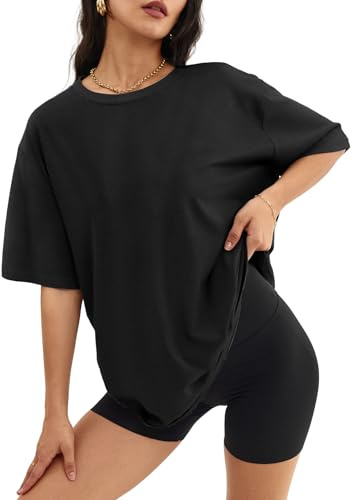 ATHMILE Womens Oversized T Shirts Loose Fit Crewneck Short Sleeve Tops Summer Casual Blouse Y2K 2025 Basic Tee Beach Black