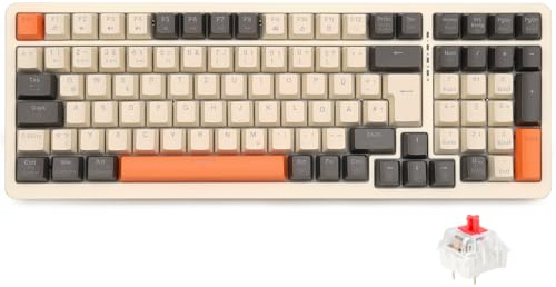 Rii Mechanische Tastatur Kabellos, Gaming Retro Tastatur Bluetooth, Tri-Modi Tastatur 75 Prozent mit QWERTZ, Beige-Grau-Orange dreifarbige Tastatur (BT5.0 + 2.4GHz + Kabel)