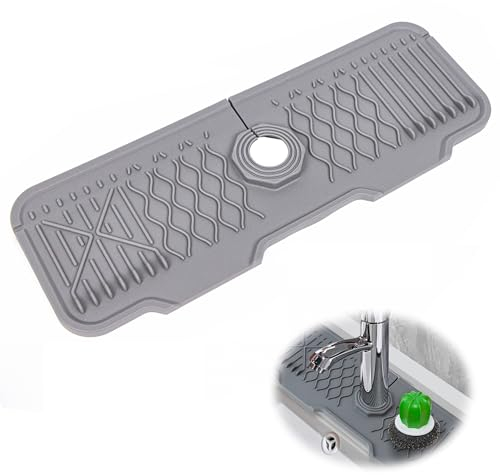 Tappetino Rubinetto Silicone, Regolabile Paraspruzzi per Lavello da Cucina e Bagno, Prolungato Tappetini Assorbente per Rubinetto per Mantenere Asciutti i Piani di Lavoro (43 x 15 cm, Grigio)